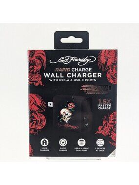 Ed Hardy Rapid Phone Wall Charger White Skull Flower USB-A & C Ports NIB